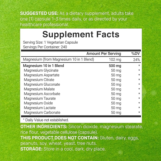 Magnesium Complex 500mg, 240 Veggie Capsules – 10-in-1 Glycinate, Citrate, Malate, Oxide, & More – 100% Chelated for Easy Absorption – Essential Mineral Supplement – Non-GMO