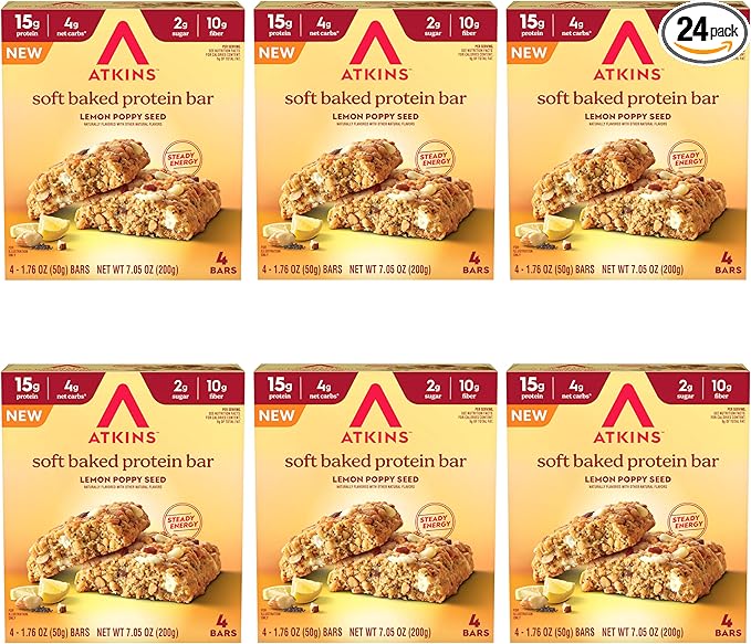 Atkins Soft Baked High Protein Bars, Lemon Poppy Seed Flavor, 15g Protein, 4g Net Carbs, 2g Sugar, Keto Snacks, Low Sugar Bars, High Fiber Snacks, 6 pack (4 bars each)