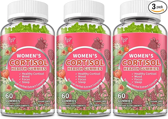 Cortisol Gummies for Women,Cortisol Manager with Ashwagandha,Magnesium,L-theanine,Phosphatidylserine,Rhodiola Rosea,Black Pepper for Mood Support,Adrenal Balance,Sleep,Vegan,Apple Flavor,180 Count