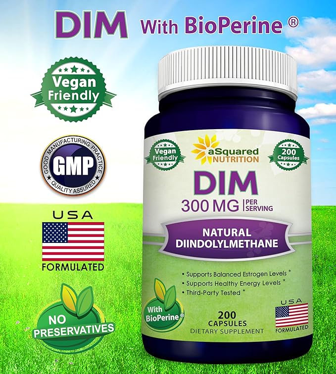 aSquared Nutrition DIM Supplement 300mg Per Serving Plus BioPerine - 200 Veggie Capsules - Diindolylmethane DIM Max Strength Pills to Support Estrogen Metabolism & Balance, Menopause, Hormonal Acne