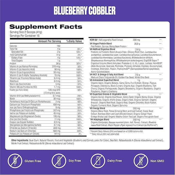 VitaHustle ONE Vegan Blueberry Cobbler Protein Powder - 20g Plant Protein Meal Replacement with 86+ Superfoods & Greens, Probiotics + No Bloat Digestive Blend - Dairy Free, Gluten Free (15 Servings)