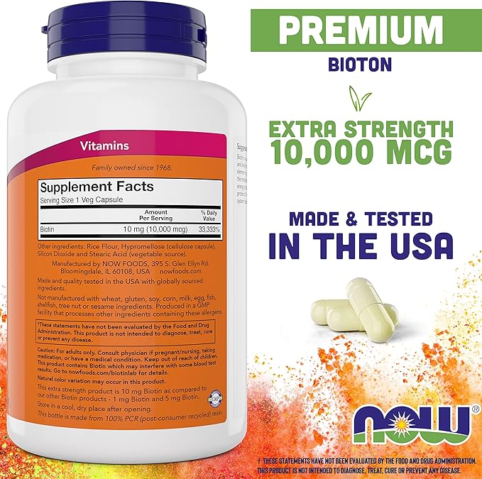 NOW Foods Extra Strength Biotin 10,000mcg / 10 mg - 200 Count - Hair, Skin, Nail - Supplement for Men and Women - B7 Vitamin - Vegetarian, Vegan, Non-GMO