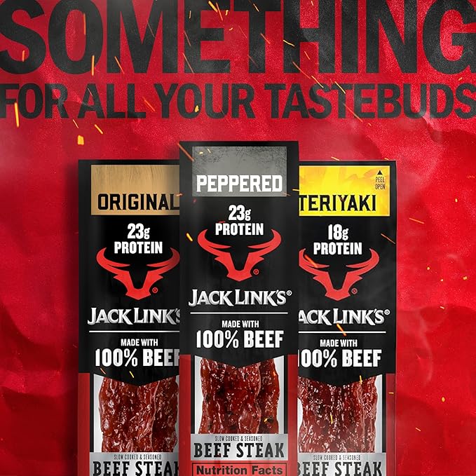 Jack Link's Peppered Beef Steaks - Ready to Eat Real Meat Protein Snacks - 23g Protein per Serving - Made with 100% Real Beef - (12 Pack) 2 oz Meat Snacks
