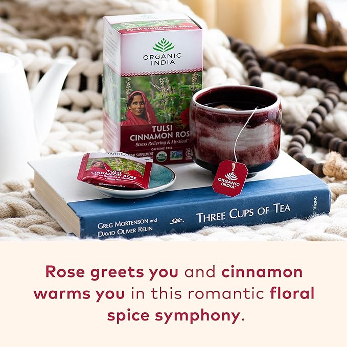 ORGANIC INDIA Tulsi Cinnamon Rose Tea Bags - Tulsi Rose, Cinnamon with Holy Basil, Chamomile, Stevia, USDA Certified Organic Caffeine Free Herbal Tea - 18 Infusion Bags, 2 Pack