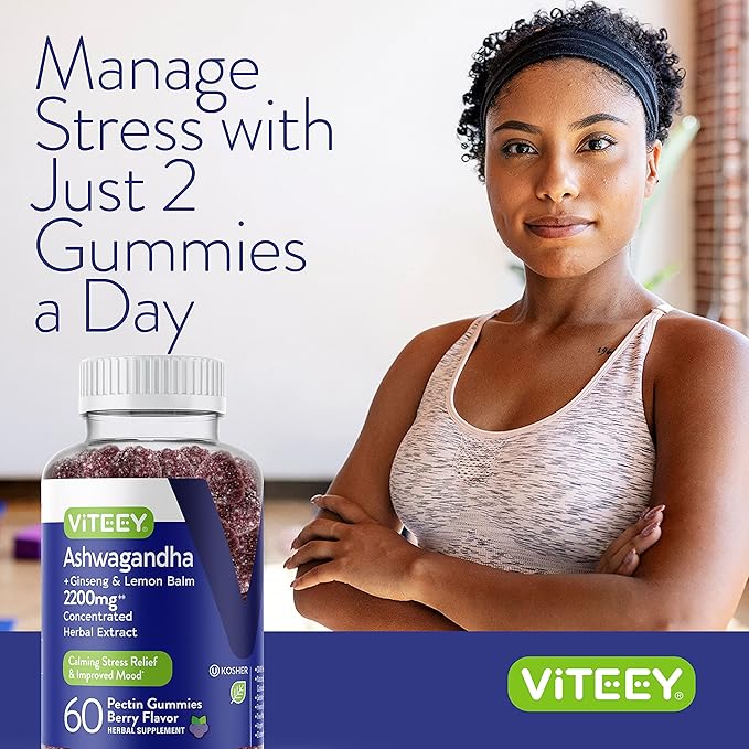 Viteey Ashwagandha Gummies with Ginseng & Lemon Balm - Mood, Calm & Stress Support Ashwagandha Supplements - Vegan, Gluten-Free - 60 Count