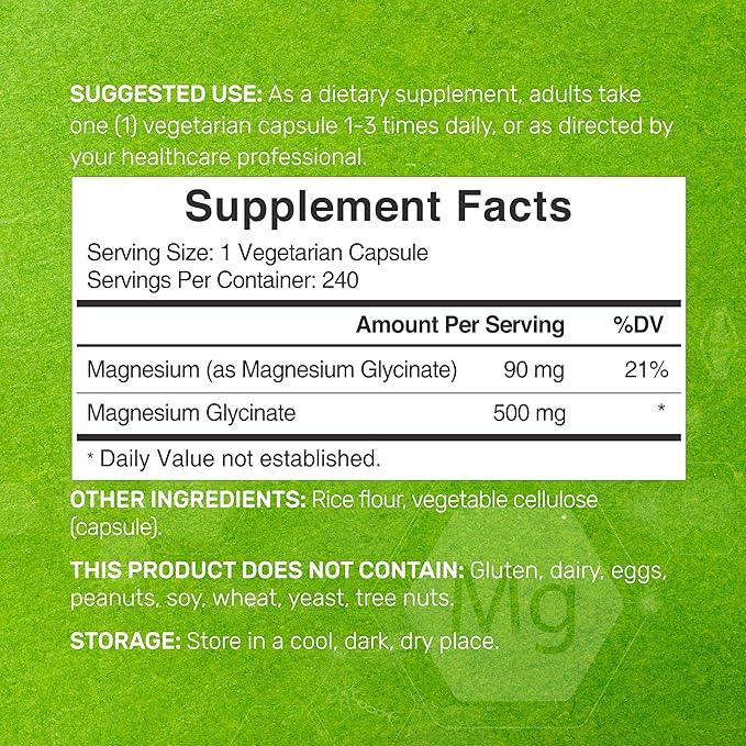 Deal Supplement Magnesium Glycinate 500mg, 480 Veggie Capsules | 100% Chelated for Easy Absorption | Essential Mineral Supplement | Non-GMO, Gluten-Free