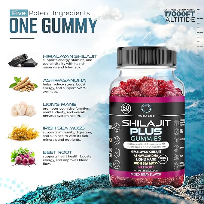 Shilajit Plus Gummies – 5-in-1 Adaptogen Energy & Focus Supplement | Shilajit, Ashwagandha, Lion’s Mane, Sea Moss & Beet Root | Natural Energy & Stress Support | Made in USA, Vegan, 60ct