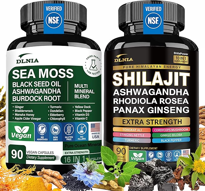 Shilajit 9000mg, Sea Moss 17500mg, Ginger & Black Seed Oil 4000mg, Ashwagandha 5000mg, Rhodiola Rosea, 1000mg Panax Ginseng 1500mg, All in 1 Supplement - Sea Moss & Shilajit Vitality Bundle