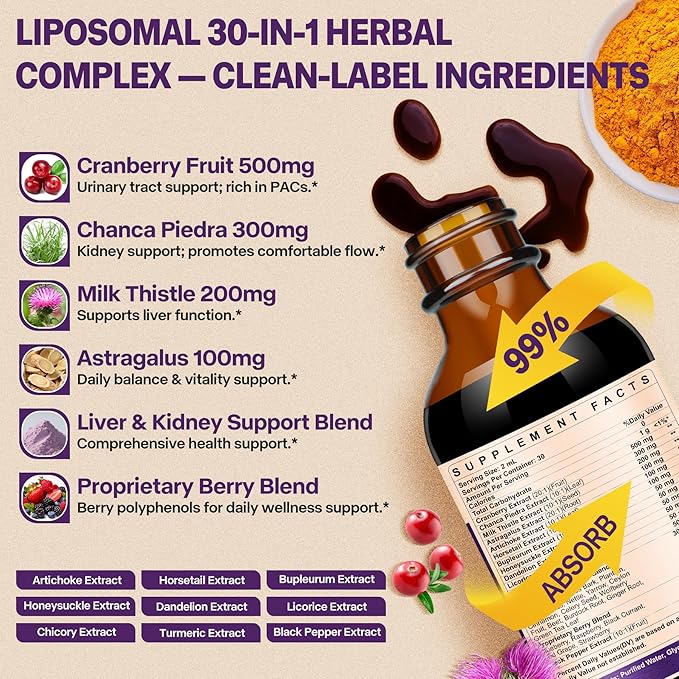 30-in-1 Kidney and Liver Cleanse Detox & Repair Drops with Cranberry Extract, Milk Thistle & Chanca Piedra, Vegan Kidney Support Supplement for Urinary Tract & Liver Support | Blueberry Flavor, 2P