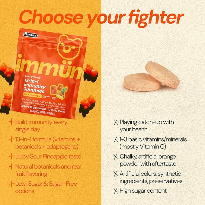 Grüns Immun Immunity Gummies with Vitamin C, Zinc, MCT Oil, & Turmeric - Daily Immune Support Supplement for Adults - Sour Pineapple Flavor (10 Count)
