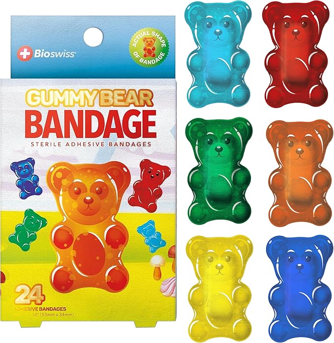 BioSwiss Bandages, Gummy Bear Shaped Self Adhesive Bandage Set, Latex Free, Sterile Wound Care, 24 Count
