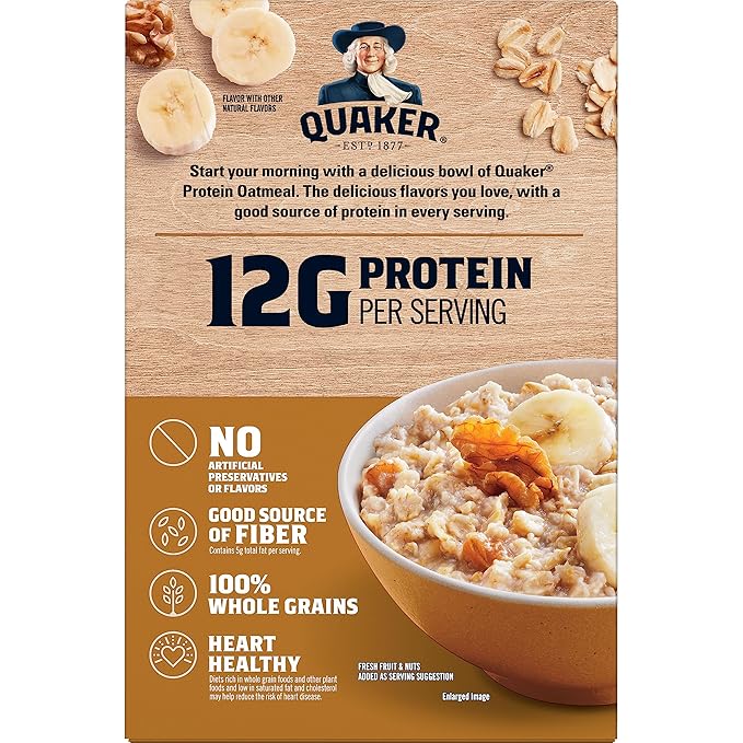 Quaker, Protein Instant Oatmeal, Banana Nut, 12.9 Oz, 6 Count (Pack of 12)