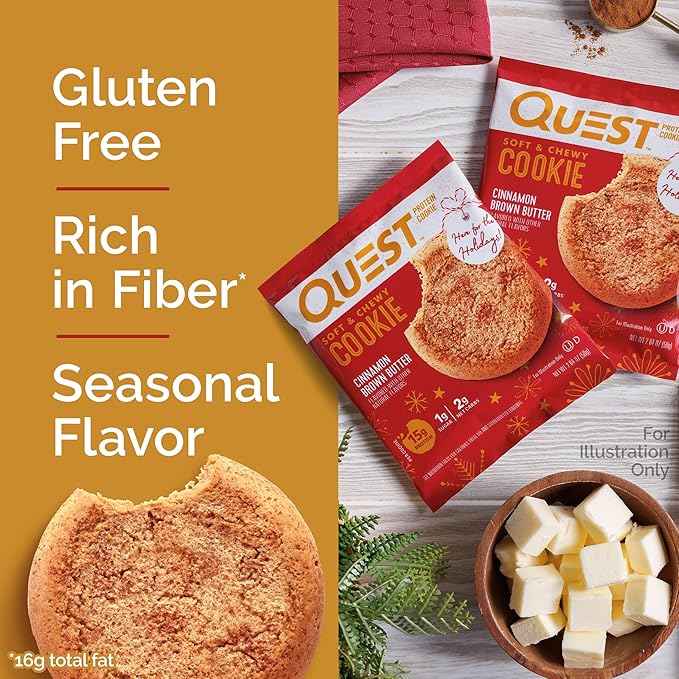 Quest Nutrition Cinnamon Brown Butter Protein Cookie, 15g Protein, 1g Sugar, 2g Net Carbs, Keto Friendly, High Protein, Low Carb; 12 Count