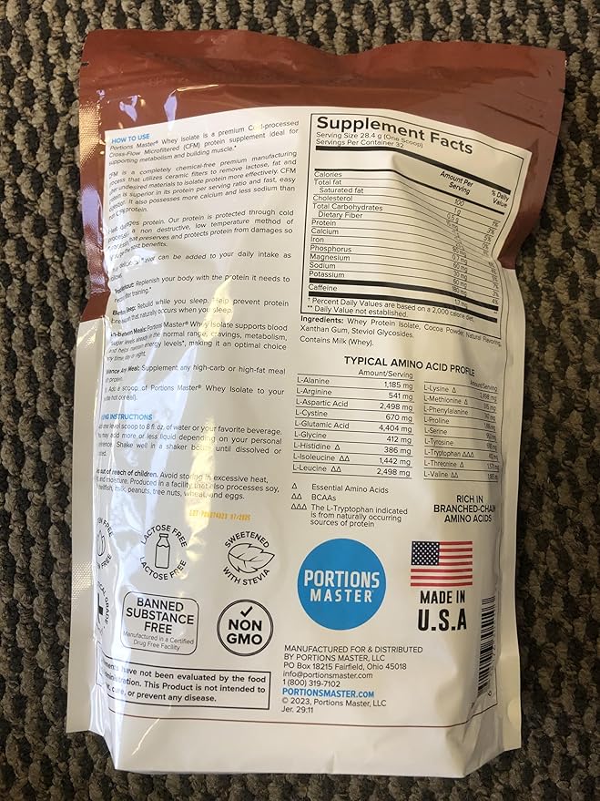 Portions Master CFM Whey Isolate Protein Powder, 2 LB, 23g Low Carb, Low Fat, Cold-Processed, Fast Absorbing, Muscle Growth & Recovery Support (Chocolate Brownie)