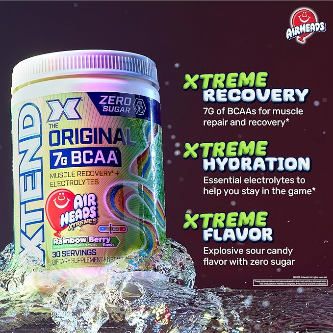 Xtend Original BCAA Powder, 7g BCAAs and 2.5g L-Glutamine for Muscle Recovery, Hydration, and Lean Muscle, Sugar Free Intra and Post Workout Drink, Airheads Xtreme Rainbow Berry, 30 Servings