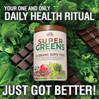 Country Farms Organic Super Greens Chocolate Flavor, 50 Organic Super Foods, USDA Organic Drink Mix, Packed with Fiber, Fruits, Vegetables, Mushrooms & Probiotics, Supports Energy, 7g Fiber