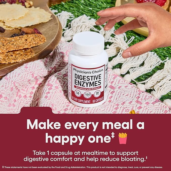 Physician's CHOICE Digestive Enzymes for Bloating & Digestion - 16 Enzymes with Organic Prebiotics & Probiotics for Gut & Digestive Health - Meal Time Discomfort Relief - Dual Action Support - 60 CT
