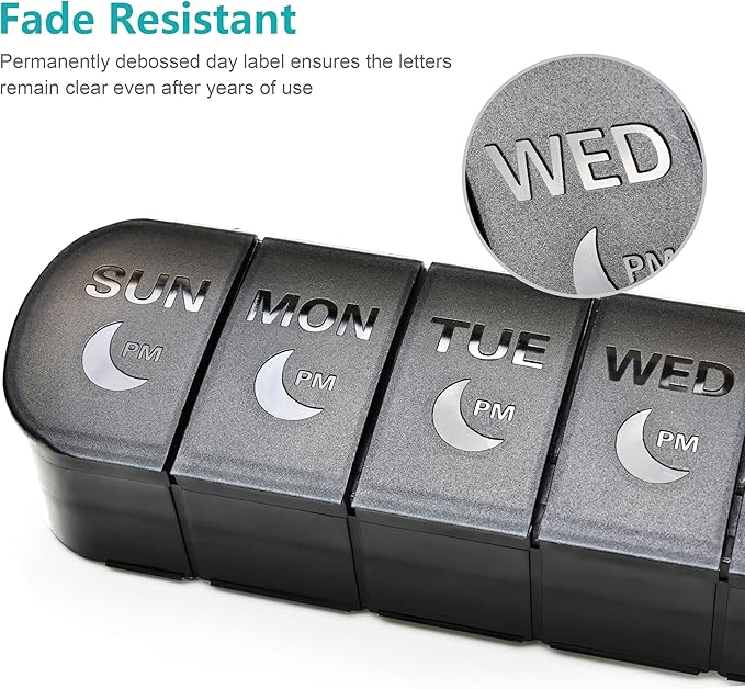 FHORAIN XL AM PM Pill Organizer 2 Times a Day, Fade Resistant Extra Large Weekly Pill Box 7 Day, Double-Sided 14 Compartments for Vitamins, Fish Oil, Supplements & Gummies (Black)