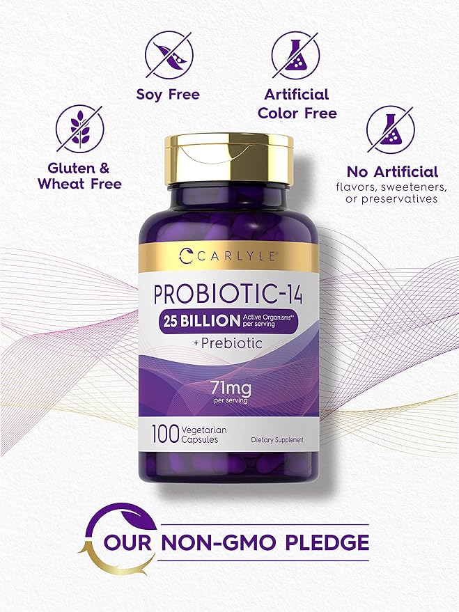 Carlyle Probiotics for Men and Women | 25 Billion CFU | with Prebiotics | 100 Capsules | Vegetarian, Non-GMO, & Gluten Free Supplement