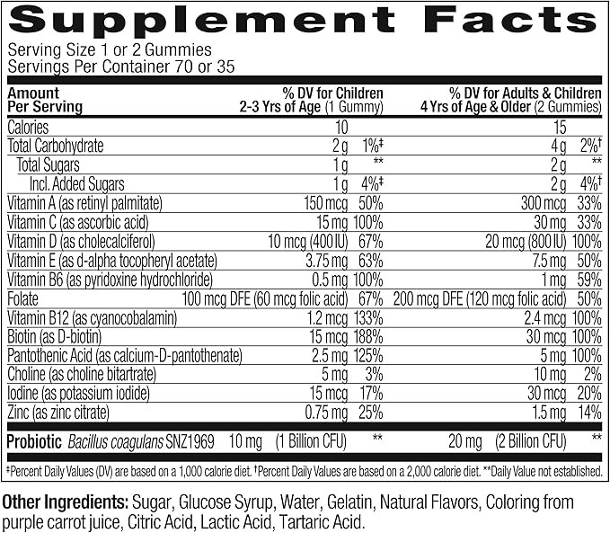 OLLY Kids Multivitamin & Probiotic Gummy, Digestive Support, Vitamins A, D, C, E, B, Zinc, Chewable Supplement, Berry Flavor, 35 Day Supply - 70 Count