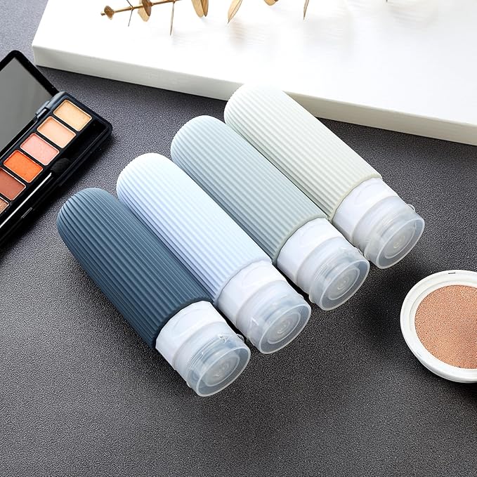 Mrsdry Travel Bottles for Toiletries, Tsa Approved 3oz Portable Travel Bottles, BPA Free Leak Proof Squeezable Silicone Travel Size Containers, Travel Accessories with Clear Toiletry Bag (4 Pack)