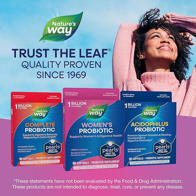 Nature's Way Women's Probiotic Pearls, Supports Vaginal and Digestive Health*, 1 Billion Live Cultures, Protects Against Occasional Bloating & Constipation*, Easy-to-Swallow Softgels, 90 Count