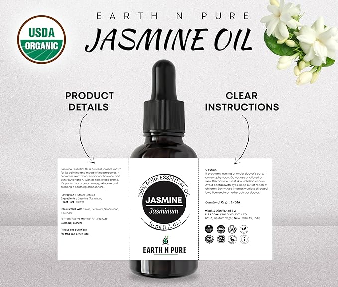 Earth N Pure Jasmine Essential Oil for Hair Growth, Skin Care, Pooja and Aromatherapy | 50 ML