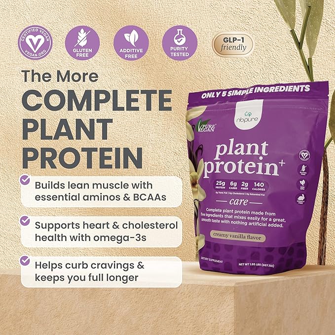 nbpure Vegan Pea Protein Powder, Vanilla – Lean Muscle + Hunger & Bloating Support for Women, Men, Kids – 25g Plant Protein Per Serving – No Artificial Sweeteners or Flavors, Gusset, 25 Servings