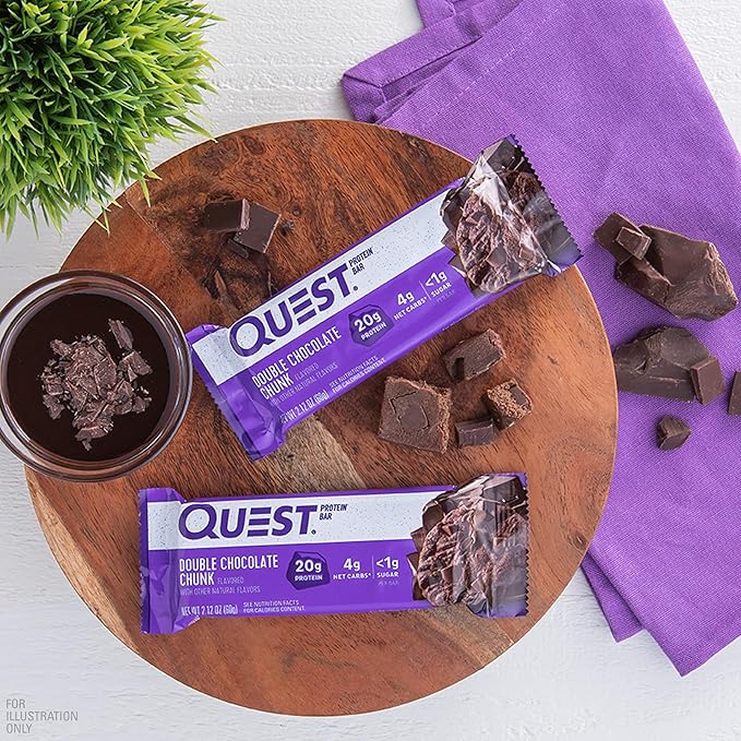 Quest Nutrition Double Chocolate Chunk Protein Bars, 20g Protein Bars, 1g Sugar, 4g Net Carb, Gluten Free, Keto Friendly, 4 Count