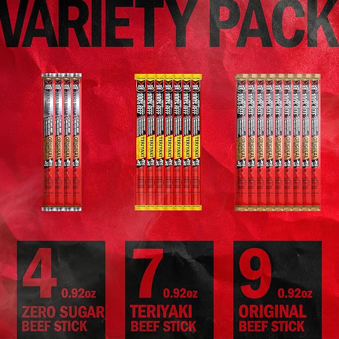 Jack Link's Beef Jerky Sticks Variety Pack - Original, Teriyaki & Zero Sugar - Made with 100% Real Beef - Ready to Eat Real Meat Protein Snacks - 5g Protein per Serving - (20 Pack) 0.92 oz Meat Sticks
