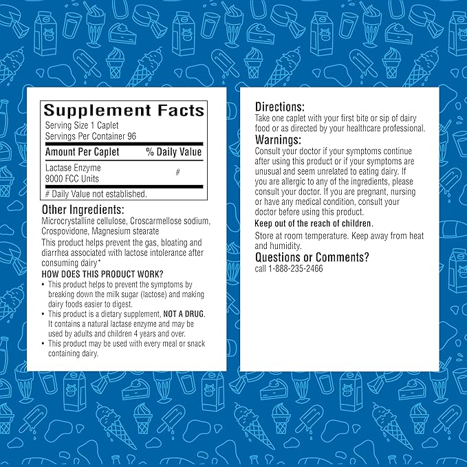 A+Health Dairy Relief Lactase Enzyme 96 Count, 9000 FCC Caplets, Fast Acting, Dye-Free, Dietary Supplement, Helps Prevent Gas, Bloating, Diarrhea Associated with Lactose Intolerance