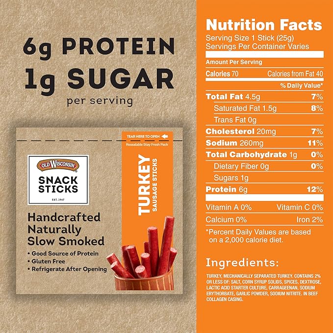 Old Wisconsin Turkey Sausage Snack Sticks, Naturally Smoked, Ready to Eat, High Protein, Low Carb, Keto, Gluten Free, 6 Ounce Resealable Package (Pack of 4)