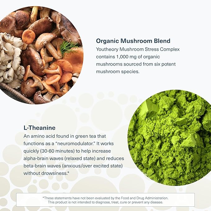 Youtheory Mushroom Stress Complex - 6 Mushroom Blend - Stress Management Support* - Immune Support - L-Theanine Supplement - Dairy, Soy & Gluten Free - 60 Vegetarian Capsules