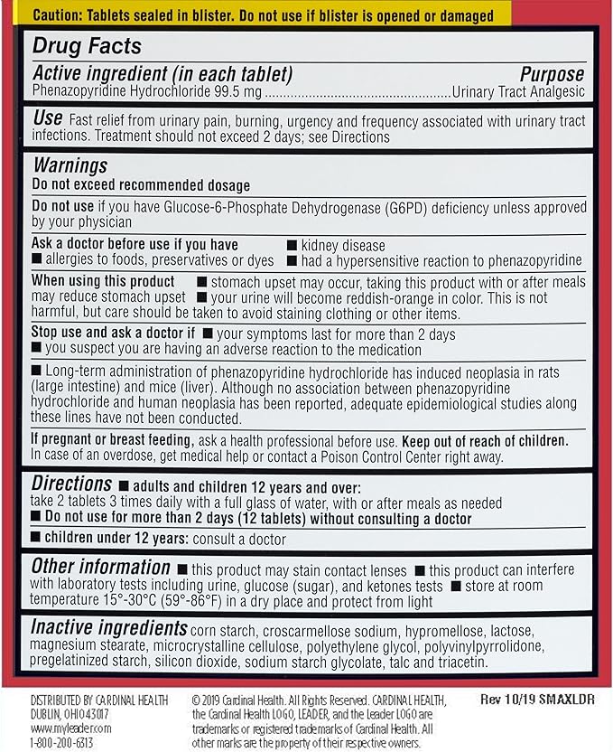 LEADER Urinary Pain Relief Maximum Strength, Fast Relief of UTI Pain, Burning & Urgency, Urinary Tract Infection, Phenazopyridine Hydrochloride 99.5 mg, 12 Tablets