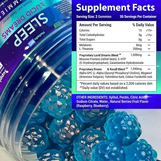 Lucid Dreams Deep Sleep - Mugwort Herb 5 htp Mucuna Pruriens Choline Supplements - Gummies Sugar Free Vegan 60 ct