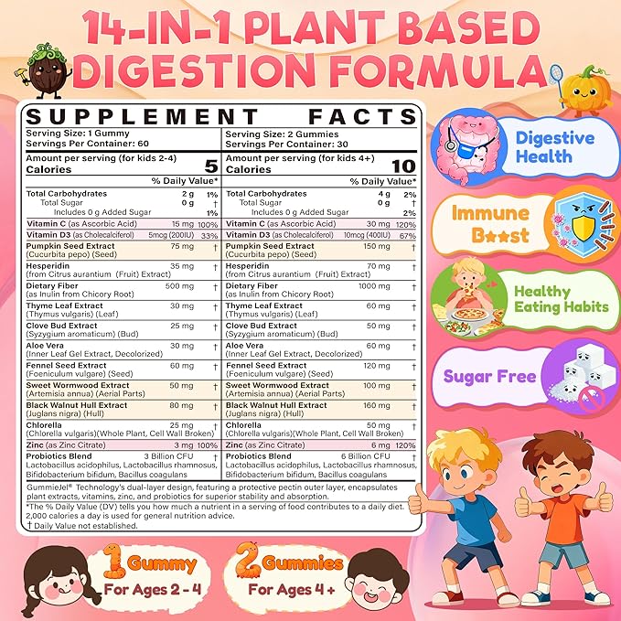 Toddler 2-4 & Kids 4+ Para Clean Gut Health Gummies w/Black Walnut, Wormwood, Clove, Pumpkin Seeds, Vitamin C, D3, Zinc, Digestive Supplement for Natural Gut Cleanse, Kids Immune Support (60cts)