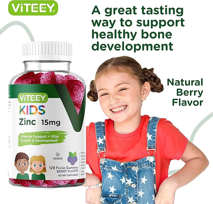 Viteey Zinc for Kids Gummies 15mg - Immune Support for Kids & Teens - Powerful Natural Antioxidant, Kids Zinc Vitamin Supplement - Vegan, Gelatin Free, Gluten Free - Tasty Chewable Berry Flavor Gummy