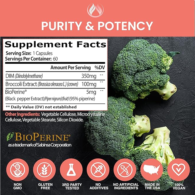 THE ENCLARE NUTRITION DIM Supplement 350mg Estrogen Balance for Women & Men, Hormonal Acne, Menopause Support, Metabolism, PCOS, Bodybuilding. Diindolylmethane 60 Capsules, Broccoli, Vegan (1)