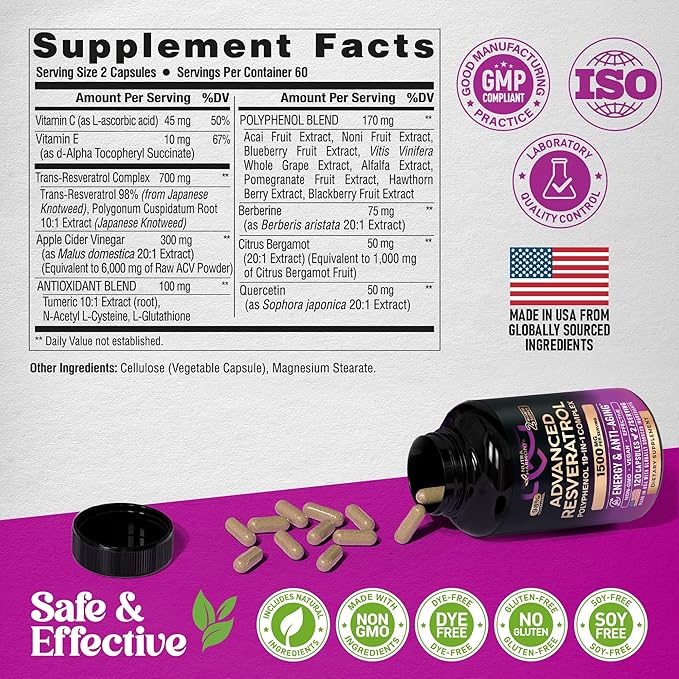 Resveratrol Supplement - 19-in-1 Organic Polyphenol Complex - Noni Extract | Berberine | Quercetin | Apple Cider Vinegar | Acai - Made in USA - Antioxidant & Heart Health Support - 120 Capsules