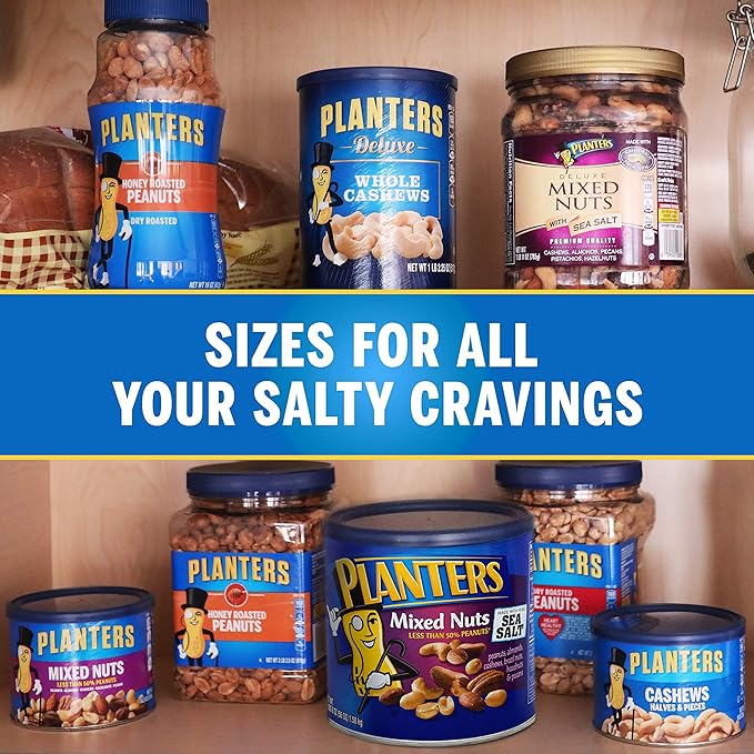 PLANTERS Salted MixedNuts, Peanuts, Almonds, Cashews,BrazilNuts and Pecans, PartySnack, Plant-Based Protein, Quick Snackfor Adults, After SchoolSnack, Bulk Nuts, Kosher,56oz Canister (Pack of 2)