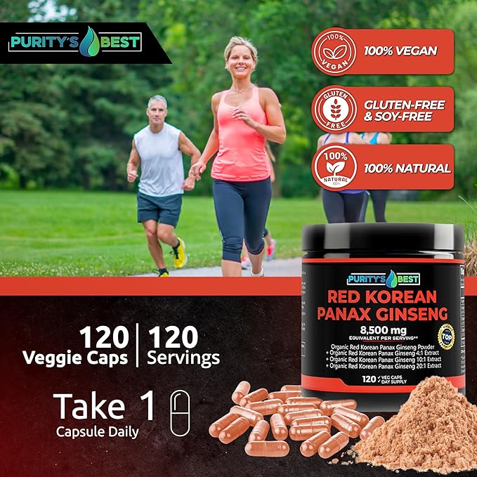 Purity’s Best Red Korean Panax Ginseng – 8500 mg Equivalent per Serving – 5% Ginsenosides – Herbal Supplement – 120 Veggie Capsules
