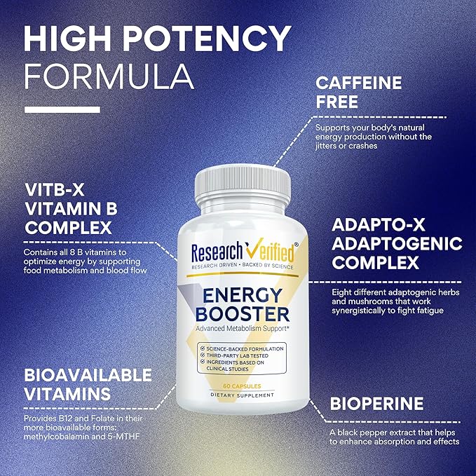 Research Verified Energy Booster - Natural Energy Support - 360 Capsules - Caffeine Free - B Vitamins and Adaptogens - 6 Month Supply