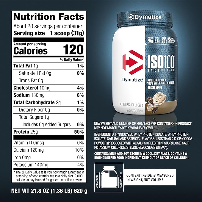 Dymatize ISO100 Whey Protein Powder Isolate, Cookies & Cream, 25g of Protein, 5.5g BCAAs, Less Than 120 Cal., Gluten Free, 1g Fat, 1g Sugar, 2g Carb (20 Servings)