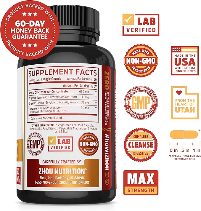 Zhou Cider Detox - Apple Cider Vinegar Capsules with Mother, Raw Natural ACV Pills for Women & Men, Herbal Complex Supplement with Turmeric & Cayenne Pepper - 60 Vegan Capsules