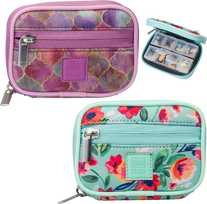 Made Easy Kit Pill Case - Weekly Medicine Organizer with Removable Seven-Day Vitamin & Supplement Box - Premium Neoprene for Travel Purse Accessory (Teal Purple)