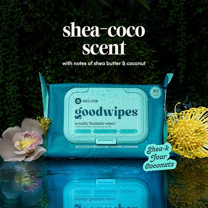 goodwipes Flushable Butt Wipes - Vitamin E & Aloe - Sewer & Septic Safe - Extra Large Adult Wet Wipes For Women & Men - Bathroom Essentials - Shea-Coco, 418 Count (8 Packs + 1 Travel)