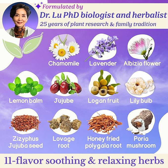Dr. Lu’s Happy Sleep Tea | 100% Natural Calming Tea for Stress Relief | Bedtime tea for Fast, Deep, Restful Sleep | Handcrafted Sleepy Blend with Chamomile, Lavender, Lemon Balm & 8 More Relaxing Herbs