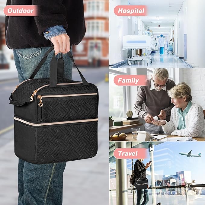 Damero Double Layers Pill Bottle Organizer Empty, Lockable Medicine Storage Bag Medication Travel Bag with 4 Customized Dividers for Prescription Bottles, Medical Supplements,Black