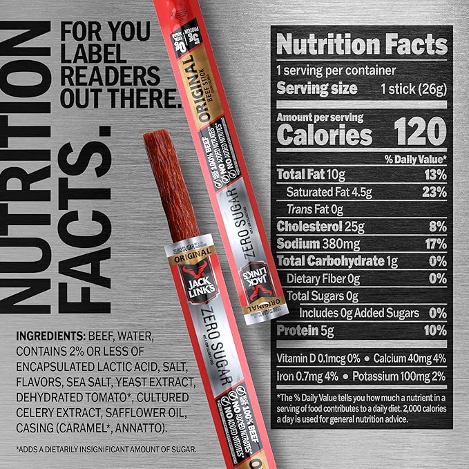 Jack Link's Original Zero Sugar Beef Sticks - (20 Pack) 0.92 oz Meat Sticks - Ready to Eat Protein Snacks - 5g Protein per Serving - Made with 100% Real Beef