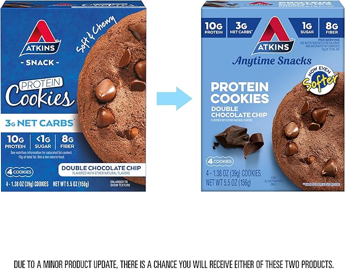 Atkins Double Chocolate Chip Protein Cookie, Protein Dessert, Rich in Fiber, 3g Net Carbs, 1g Sugar, Keto Friendly, 4 Count